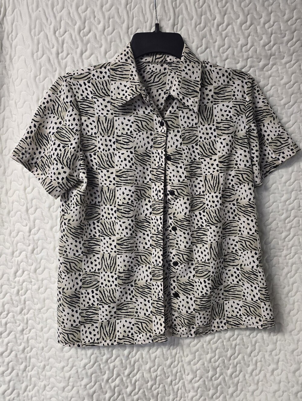 Vintage Notations Animal Print Checkered Button Up Blouse Cream Tan Black
